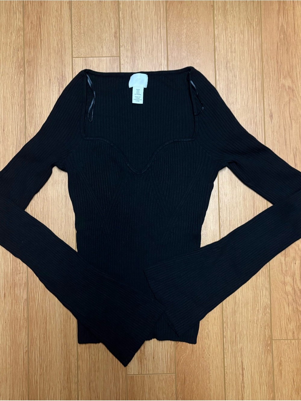 H&M Black Ribbed Square-Neck Long Sleeve Top
